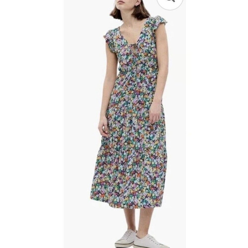 Gap Women’s Colorful Floral Cotton Maxi Dress Keyhole Tie Front Size Medium